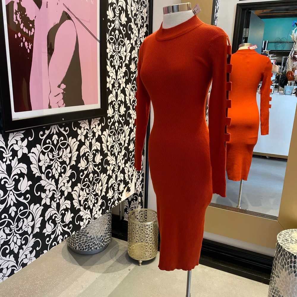 🌺Love Always  - Burnt Orange  Knit Dress w/ Open Arm Design  - High Neck Style